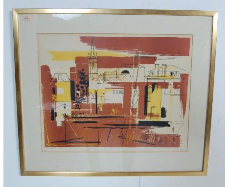John Piper (1903-1992) - A limited edition screen print depicting a city scape sky line with layered brown and yellow abstrac