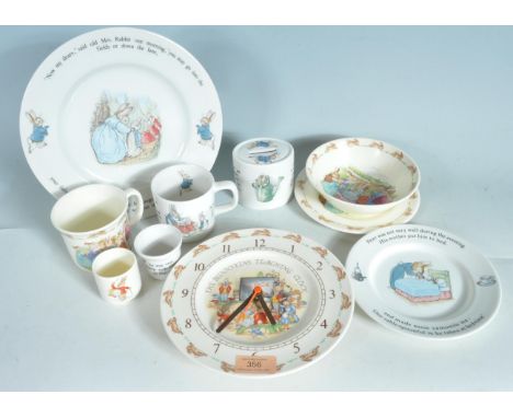 A collection of Beatrix Potter Peter Rabbit ceramic ware to include cup, saucer, small pot, money box, large sandwiches plate