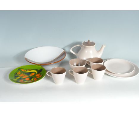 A collection of retro vintage 20th century Poole Pottery ceramic items to include a Delphis pattern plate, a three tone centr