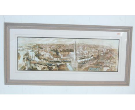 R. Brown - A large 20th century illustration print depicting Bristol's harbourside by R. Brown. Framed and glazed. Measures 7