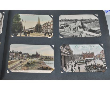 Transport related vintage postcards. Old special slot in type album with postcards (256) showing Electric Trams in street sce
