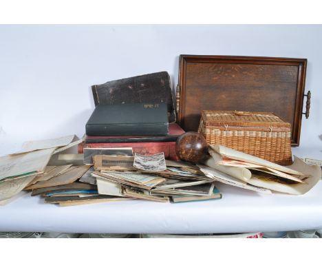 ASSORTED COLLECTABLES Box of various vintage items: black &amp; white photos in album, Kitchenalia Inc. old cork screw &amp; 
