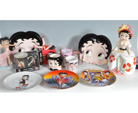 A large collection of vintage retro 20th century Betty Boop ceramic ware to include five commemorative plates, drinking glass