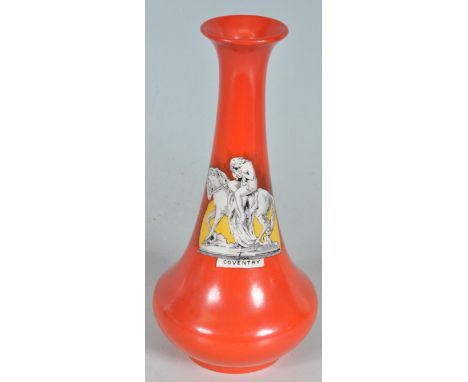 An antique circa 1900 Shelley Lady Godiva vase having a red colourway with a panel of a naked woman riding a horse with the t