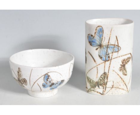 A 20th Century Danish Royal Copenhagen ceramic bowl of irregular form decorated with butterflies together with a matching vas