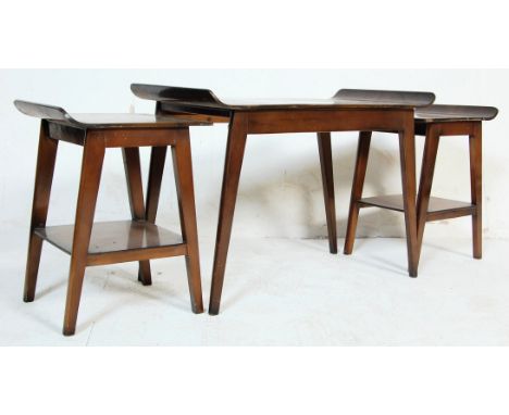 A retro vintage early to mid 20th Century English walnut veneered nest of tables / side occasional coffee tables having a qua