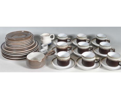 A large vintage 20th century dinner service / tea set by Denby in Rondo pattern comprising of tea cups, saucers, cake plate, 