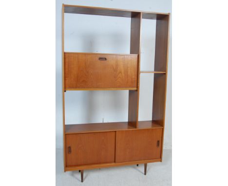 A retro vintage Danish inspired teak wood room divider of upright form having a staggered shelf configuration with a fall fro