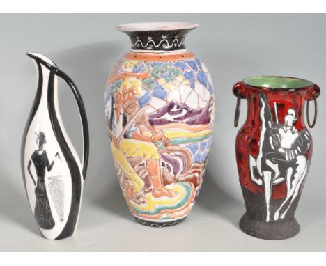 A group of three vintage retro Italian ceramic vases to include a small black and white pitcher jug with greek goddess motif 