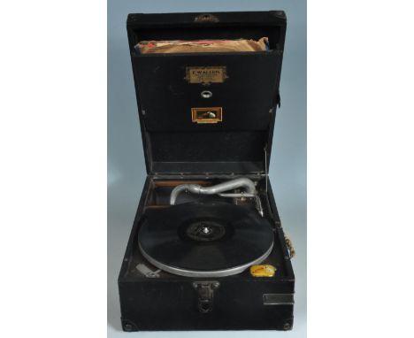 A vintage 20th Century Edwardian HMV His Masters Voice portable picnic gramophone dating from 1930's with extra disc holder a