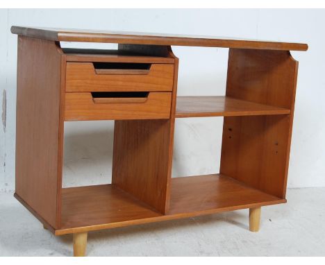 A vintage retro 1970’s teak wood Hi-Fi entertaining music cabinet of a rectangular form with open back, bank of two drawers t