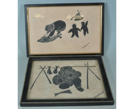 A pair of late 20th Century Canadian Inuit art block prints by Agnes Nanogak (12 November 1925 – 5 May 2001), one depicting t