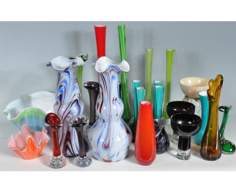 A large collection of vintage retro 20th century studio art glass vases. The collection includes a vast variety of 1970’s col