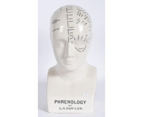 A vintage 20th century ceramic Phrenology Head / crackle glaze cream ceramic bust, marked ' Phrenology By L N Fowler. Notatio