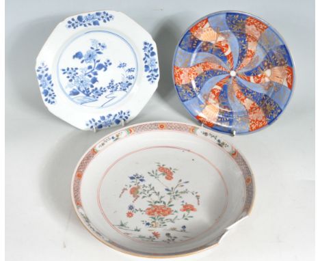 A collection of three 19th century and 20th century antique Chinese oriental ceramic / porcelain plates to include a blue and