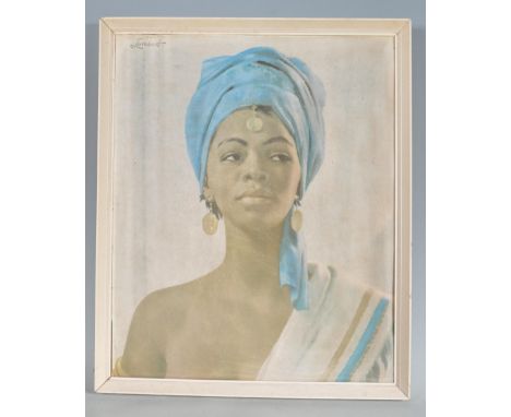 Walter Lambert - Blue Bandana. A retro vintage 1970s late 20th century Tretchikoff Era print. The print having a lady with a 