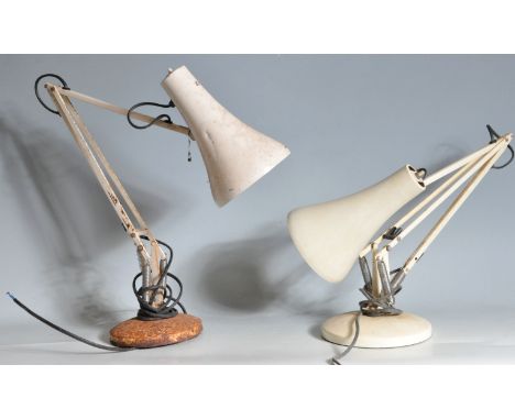 A pair of vintage retro 20th Century Herbert Terry Anglepoise industrial desk lamp finished in white enamel colourway. Raised