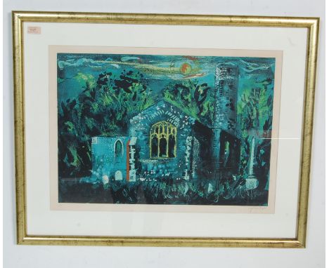 John Piper (1903-1992) - An artists proof lithograph print depicting a church building at night in dark green, blue and yello