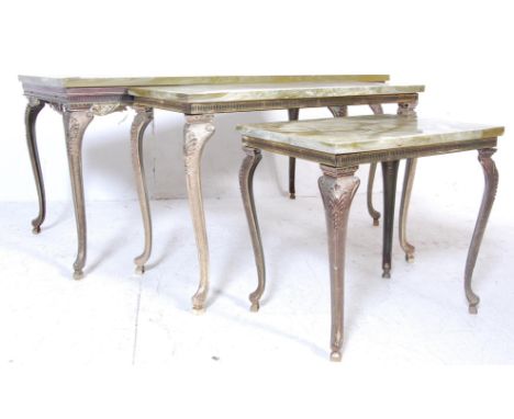 A vintage 1950s mid 20th century retro marble and gilt metal nest of tables in the rococo manner. Raised on gilt metal rococo