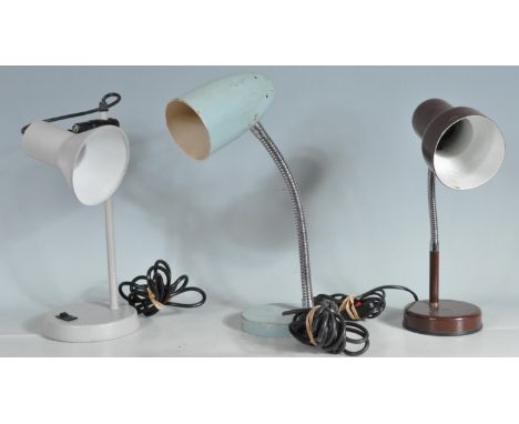 A group of three vintage retro 20th century desk lamps / adjustable desk light. Two lights with&nbsp;gooseneck, conical shade
