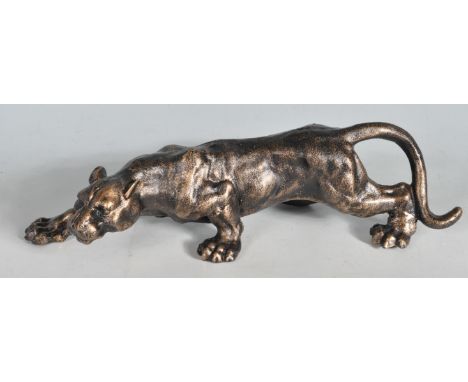 A vintage style 20th century cast iron statue of a crouching panther having a faux bronze effect colourway. Measures approx.: