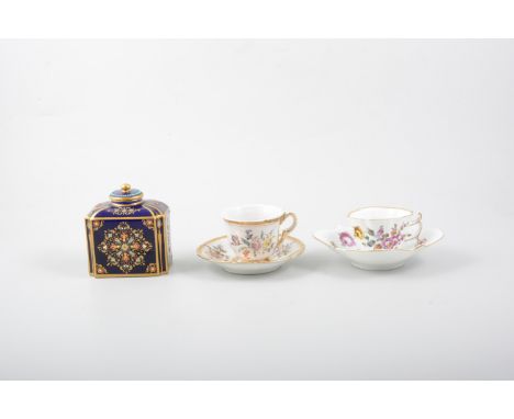 Sevres style Bleu De Roi porcelain tea caddy, gilt and enamel decoration, 9cm; a German porcelain tea cup and saucer, and ano