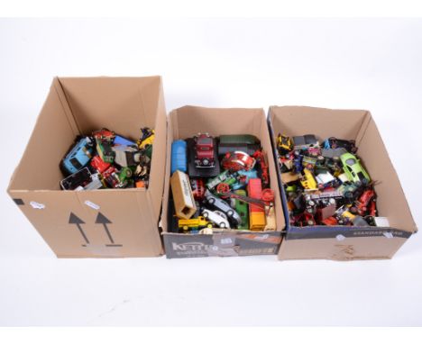 Three boxes of modern diecast models, all loose, mostly Corgi and others. 