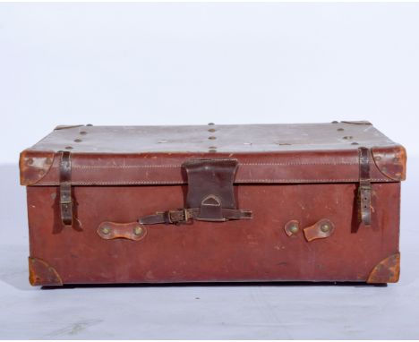 Vintage leather trunk, width 93cm; and a velum finished and metal trunk, labelled Victor Luggage.