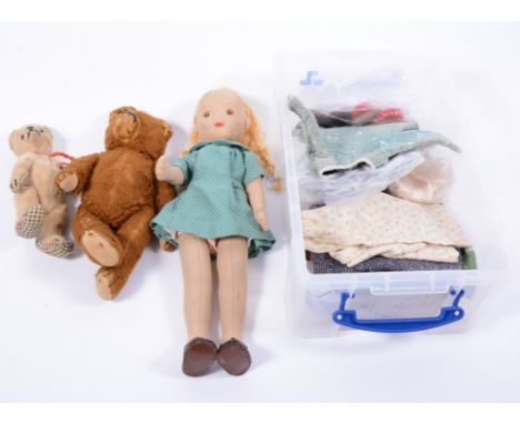 Felt doll, 1940s, 40cm, a collection of handmade garments and other items, together with two vintage teddy bears.