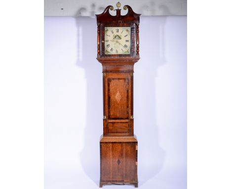 Oak and mahogany longcase clock, square painted dial, thirty-hour movement.