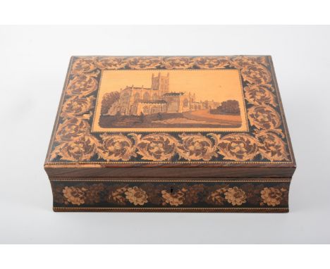 Victorian rosewood and Tunbridge ware work box, the lid designed with a Parish Church, cloth fitted interior with a cribbage 