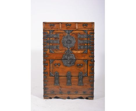 A Korean Junjo two-storied chest, an arrangement of drawers and cupboards, decorated with large metal hinges and strapping, 6
