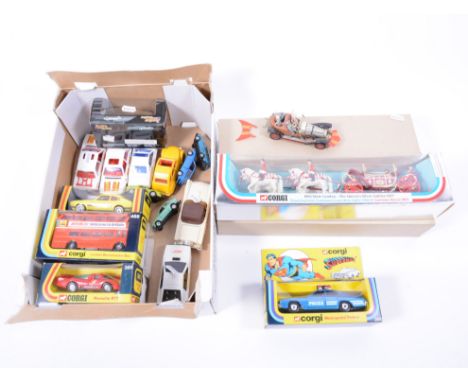 Corgi Toys; Chitty Chitty Bang Bang car unboxed, Superman Metropolis Police 260 boxed, Ford Capri 348 boxed, Porsche 917 385 