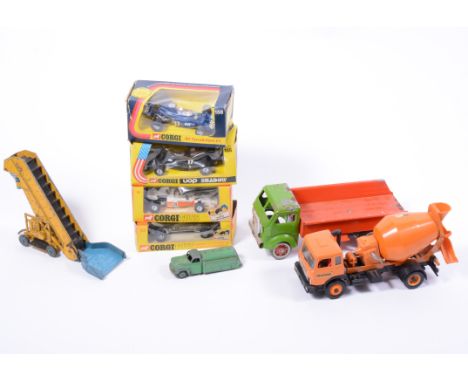 Diecast models; a small selection to include boxed Corgi racing cars, other playworn vehicles by Dinky, Britains etc.
