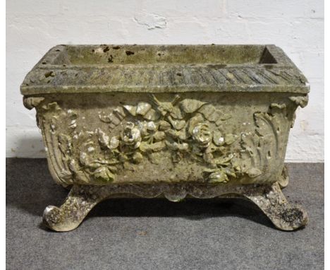 Concrete garden trough, in a French taste, scrolled feet, width 66cm.
