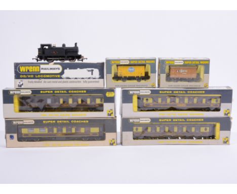 Wrenn Railways; 00 gauge, including W2205 0-6-0 Tank engine black BR, along with four Pullman passenger coaches, and two wago