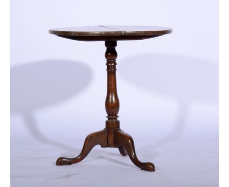 Old oak tripod table, circular top, turned column, tripod legs, diameter 63cm.
