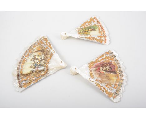 Three mother of pearl fans, painted scenes, after Goya, plus one other.