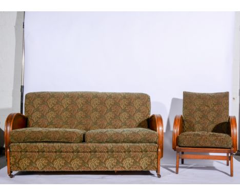 Vintage beech framed bed settee, maquette upholstery, width 155cm; and a pair of matching easy chairs. (3)