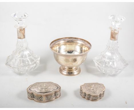 A pair of glass decanters, probably Danish with white metal collars marked 830, 77501, 22cm high, a silver pedestal bowl engr