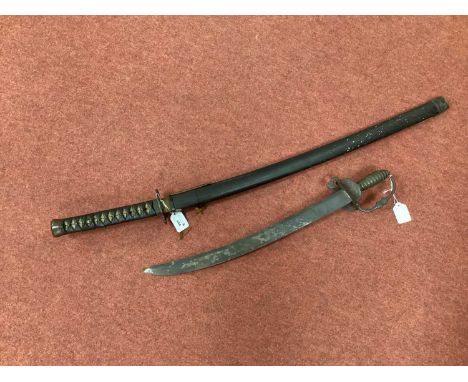 Japanese Katana Sword and Scabbard, 70cms unsigned blade, habaki, decorated tsuba, wrapped fish skin grip, scabbard with lacq