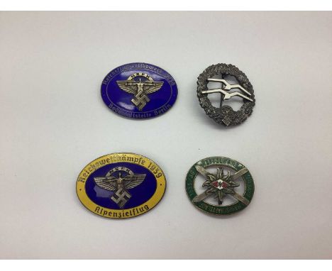Interwar Third Reich German Enamel Badges x 4, comprising Hitler Youth Ski competition 1935/36, NSFK gliding competition 1938