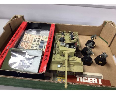 Plastic Model Sectional 1/25 Scale Tiger 1 by Tamiya with German Infantry Figures, tank hand-built and painted, small parts m