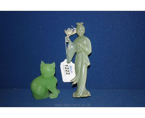 A Jade figure of oriental lady and a cat ornament