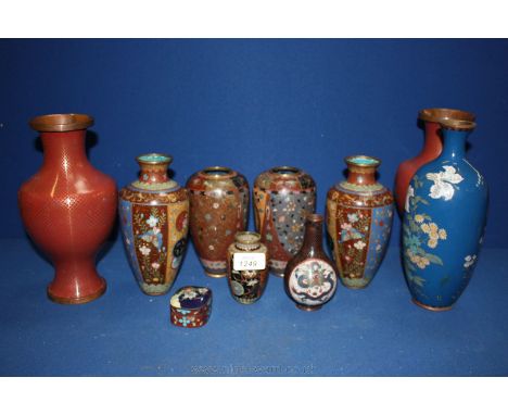Three pairs of vintage Japanese Cloisonné vases including a pair of fish scale effect , one other large vase, two smaller and