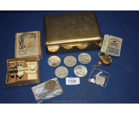 A brass State Express Cigarette Box containing Silver Jubilee, Royal Wedding and Winston Churchill Crowns, Morgan Lee paper t