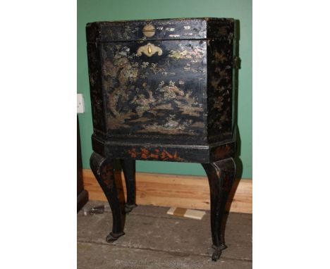 A late Georgian Oriental lacquered chest on stand, with mother of pearl or fish scale inlaid decoration and hand painted gilt