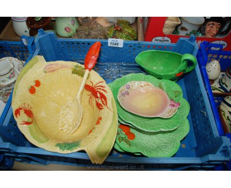 A quantity of china including Carltonware salad bowl, two large and two small dishes, sauce jug, glass salad servers, Beswick