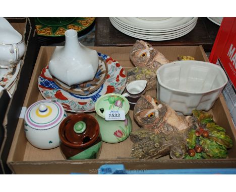 A Carltonware and Poole Preserve Pots, South Gurney pot, jelly mould, small Goebel Monk Jug, two chalk Owl plaques, etc.