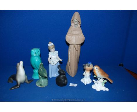 A Lladro figure of Jesus a/f together with a quantity of other ornaments including Welsh slate Wren, Isle of Scilly Wren, Nao